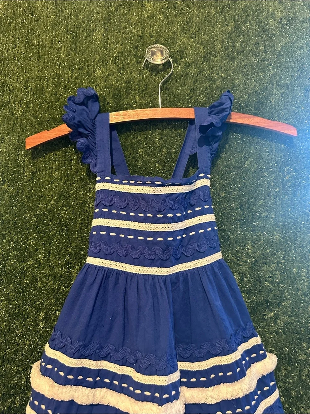 Mini Boden Tiered Twirly Ric Rac Dress in Sapphire Blue